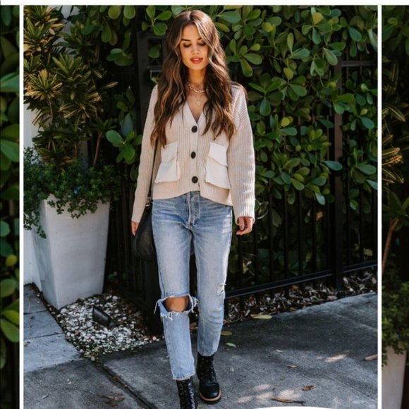 VICI Cardigan Sweater Front Pockets Cream Beige - Picture 3 of 7